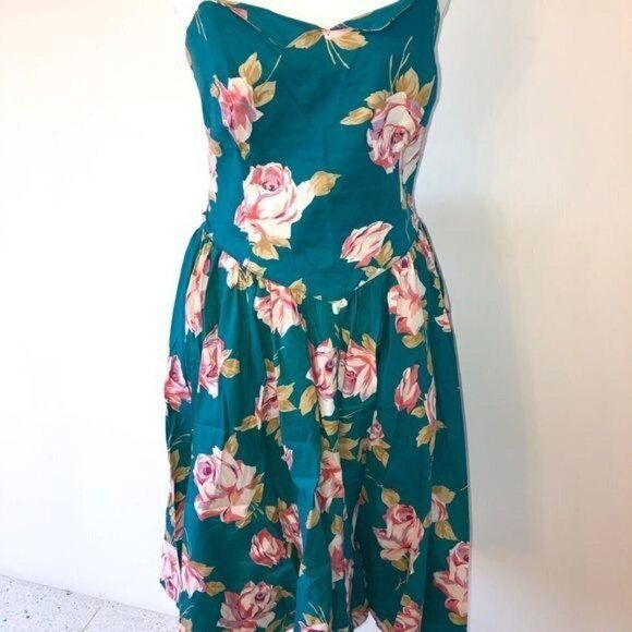 Carol Anderson California Dress Size 10 Turquoise Floral Cotton Attached Belt - Picture 10 of 13